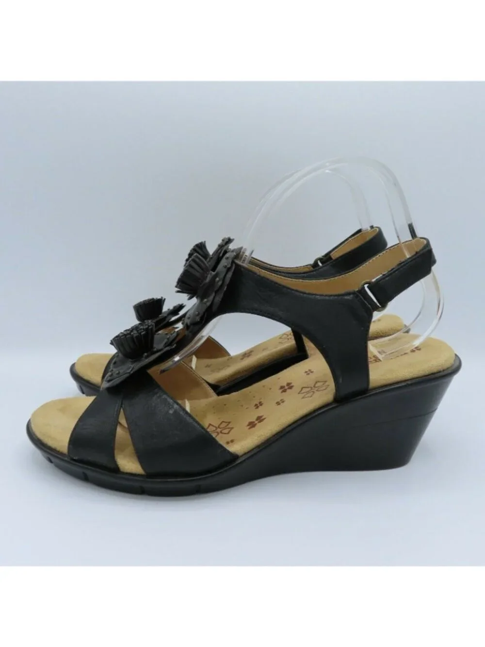 Naturalizer 10 M Comfort Explorer Womens Black Faux Leather Flower Wedge Sandal